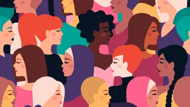 Colorful illustration of diverse women in profile, each with unique hairstyles and clothing, in a stylized, bright palette.