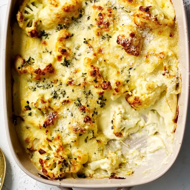 Golden-brown baked cauliflower cheese topped with herbs in a rectangular dish.