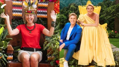 Two images: left shows a woman on a throne with feathers, right shows two people smiling on a colorful backdrop.