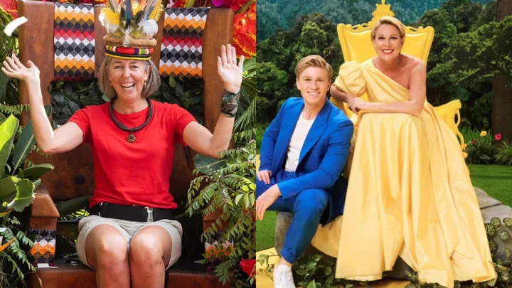 Two images: left shows a woman on a throne with feathers, right shows two people smiling on a colorful backdrop.
