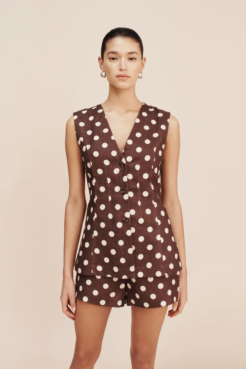 POSSE brown with white spots short sleeve top and shorts