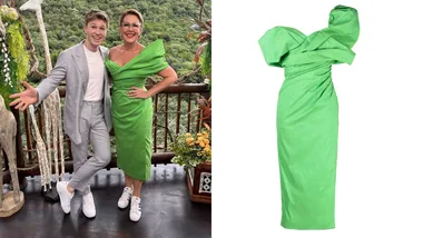 "Two people posing outdoors, one in a gray suit and the other in a green off-shoulder dress; dress shown separately."