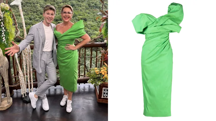 "Two people posing outdoors, one in a gray suit and the other in a green off-shoulder dress; dress shown separately."