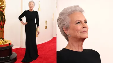 An individual in a black gown, standing on a red carpet beside an Oscar statue, with a close-up profile image.