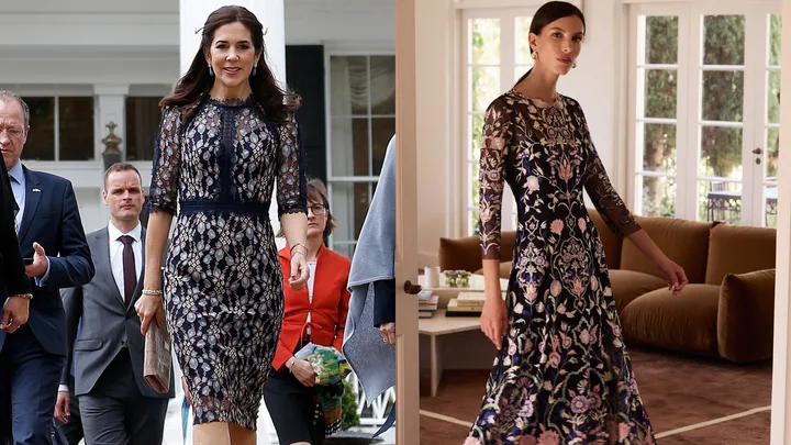 Two women in ornate floral dresses; one in a formal setting, the other indoors, showcasing intricate patterns.