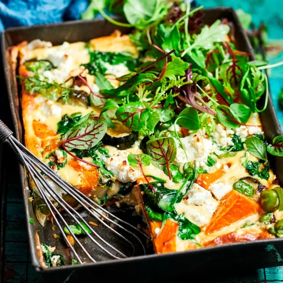 Roasted pumpkin, spinach & feta slice recipe from The Australian Women's Weekly