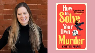 Author Kristen Perrin smiling beside the book cover "How to Solve Your Own Murder".