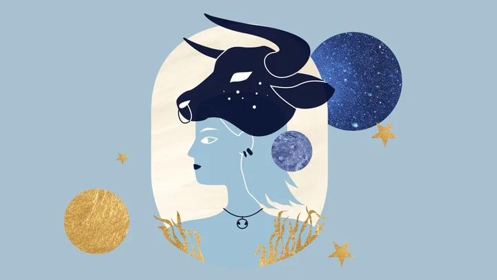 Abstract illustration of Taurus symbol: person wearing bull headdress surrounded by celestial elements on blue background.