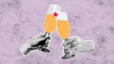 Two hands clinking champagne glasses with a starburst on a textured lavender background.