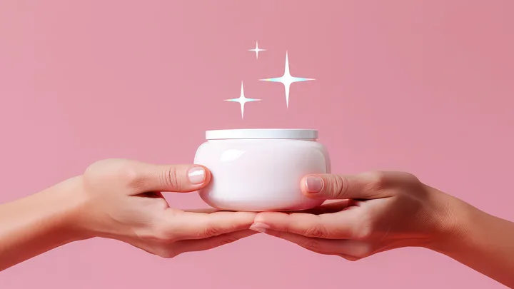 Two hands hold a white cosmetic jar against a pink background with sparkles above it.