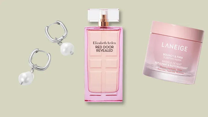 Silver earrings, Elizabeth Arden Red Door Revealed perfume, Laneige sleeping mask on beige background.