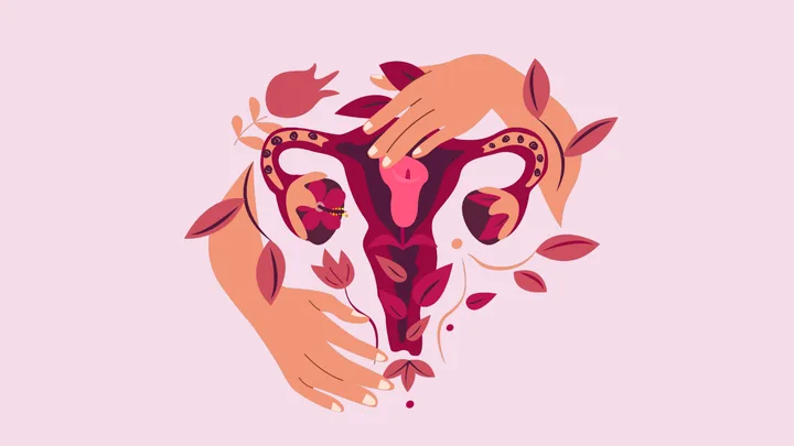 Illustration of a uterus with flowers and hands surrounding it on a light pink background.