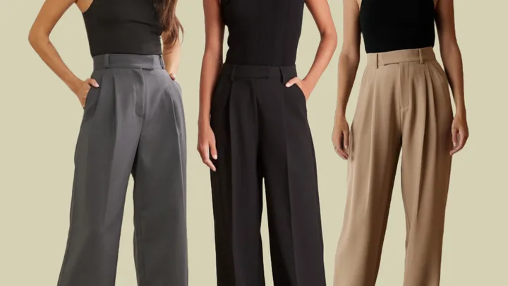 Three women wearing high-waisted wide-leg trousers in gray, black, and beige with black tops.