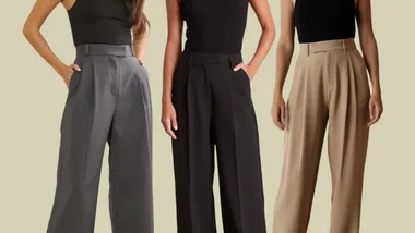 Three women wearing high-waisted wide-leg trousers in gray, black, and beige with black tops.