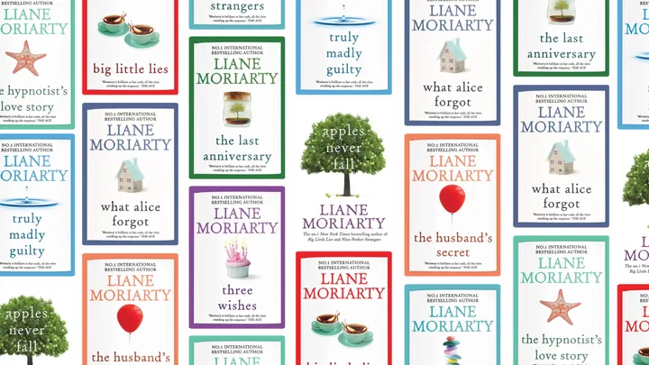Collage of Liane Moriarty's book covers, featuring titles like "Big Little Lies" and "The Husband's Secret."