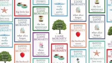 Collage of Liane Moriarty's book covers, featuring titles like "Big Little Lies" and "The Husband's Secret."