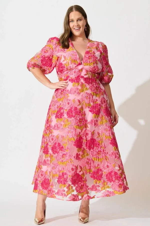 Chasing Kate Opulence Midi Dress In Pink Floral Organza Burnout