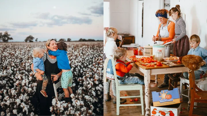 On the left, a woman holds two kids in a cotton field. On the right, children and an older woman prepare food in a kitchen.