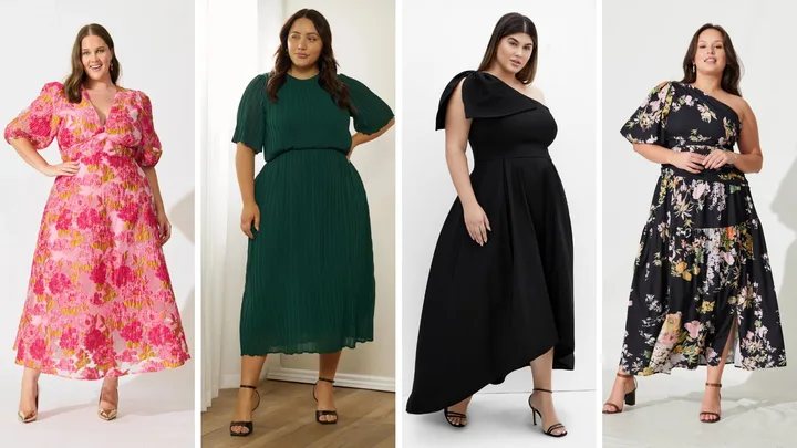 Four women wearing stylish dresses. From left to right: a woman in a pink floral V-neck dress; a woman in a pleated green midi dress; a woman in a black one-shoulder asymmetric dress; and a woman in a black one-shoulder floral dress.