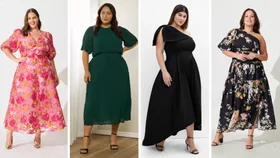 Four women wearing stylish dresses. From left to right: a woman in a pink floral V-neck dress; a woman in a pleated green midi dress; a woman in a black one-shoulder asymmetric dress; and a woman in a black one-shoulder floral dress.