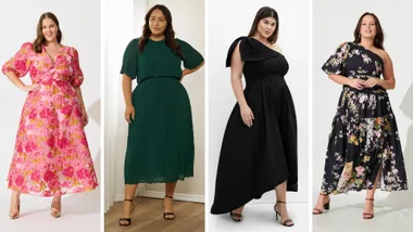 Four women wearing stylish dresses. From left to right: a woman in a pink floral V-neck dress; a woman in a pleated green midi dress; a woman in a black one-shoulder asymmetric dress; and a woman in a black one-shoulder floral dress.