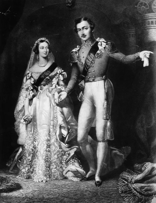 Vintage illustration of a royal couple in elaborate 19th century attire, embracing with regal decor in the background.