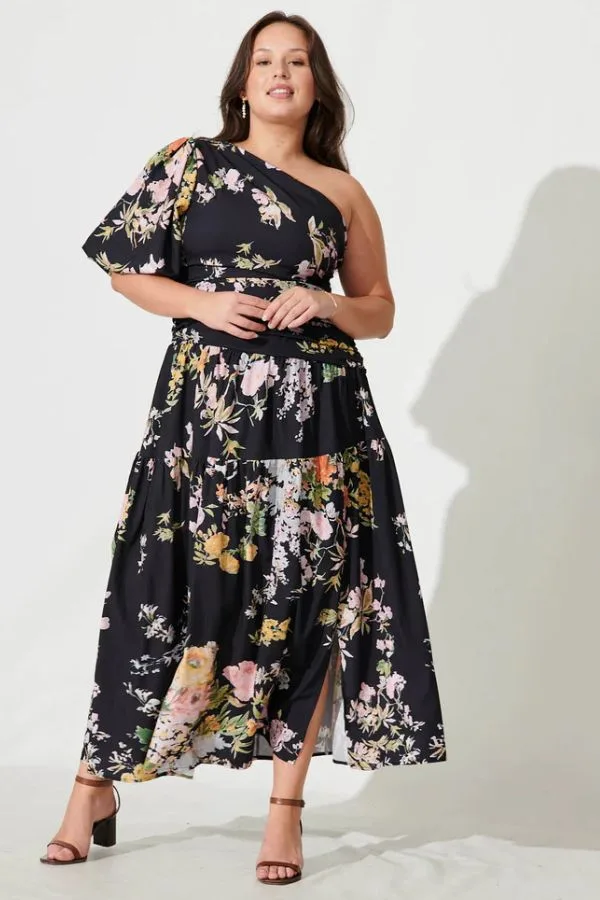 Berlyn One Shoulder Maxi Dress Black With Pink Floral