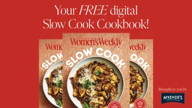 A free digital slow cook cookbook from The Australian Women's Weekly, featuring a pasta dish on the cover.