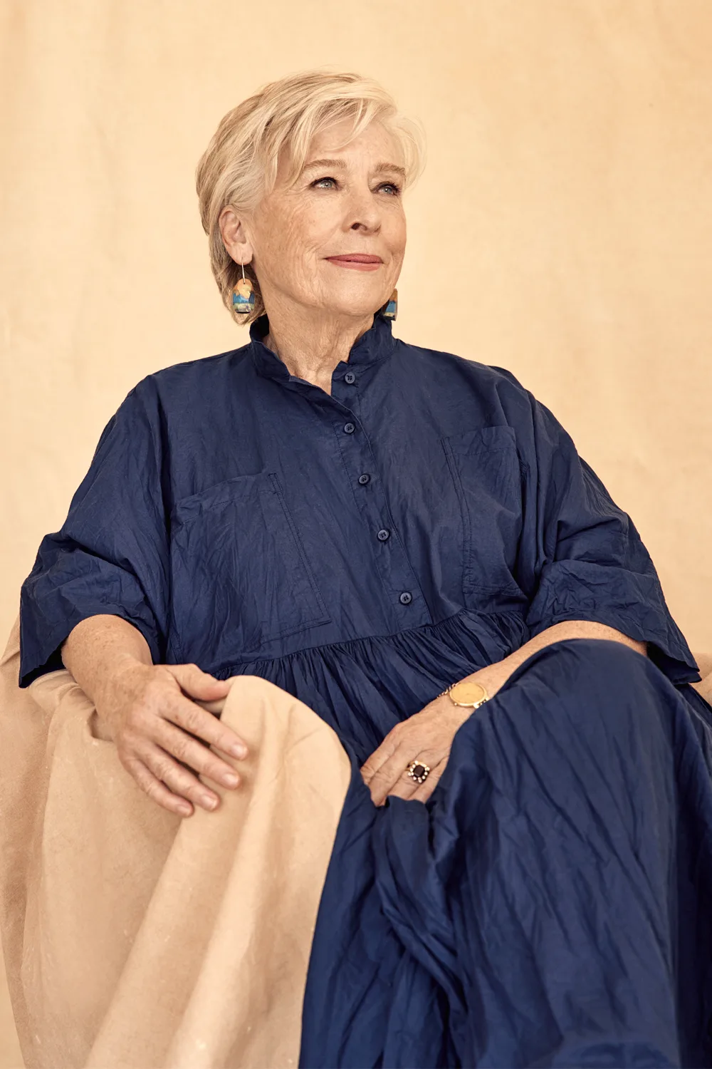 Maggie Beer in a navy blue dress. 
