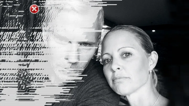 A distorted black and white photo of a man and a woman with glitch effects obscuring part of the image.