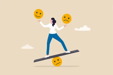 Illustration of a woman balancing on a board with happy and sad emojis, depicting emotional balance.