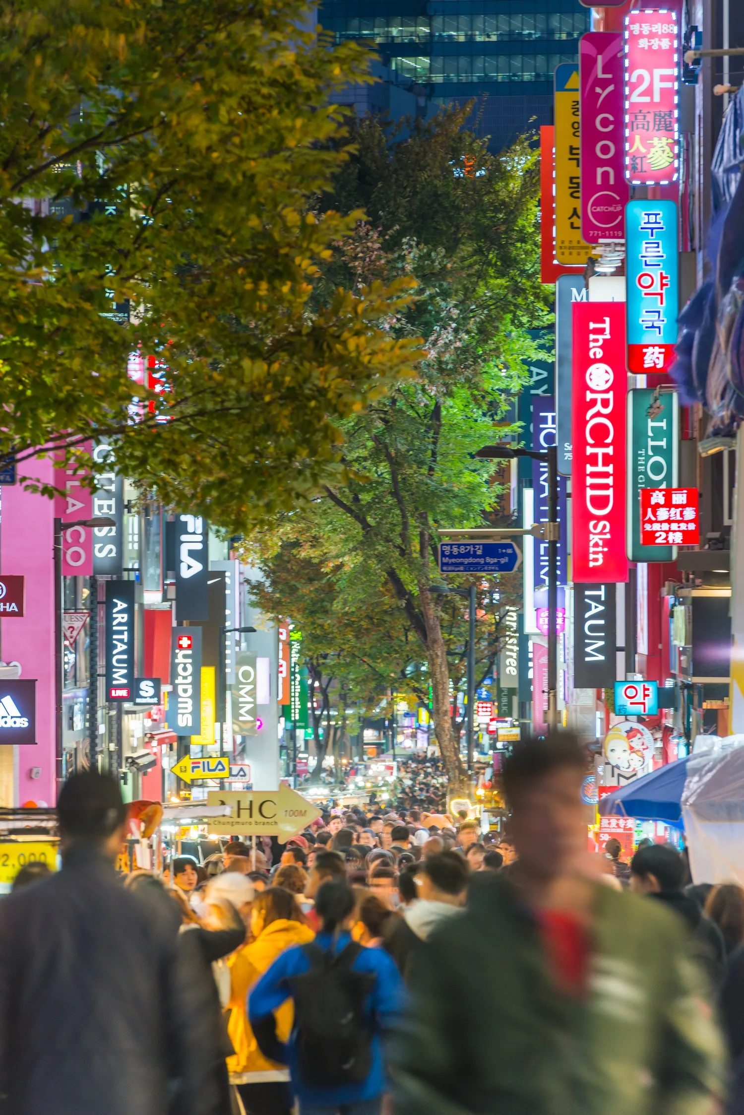 Myeongdong shopping street at night.
