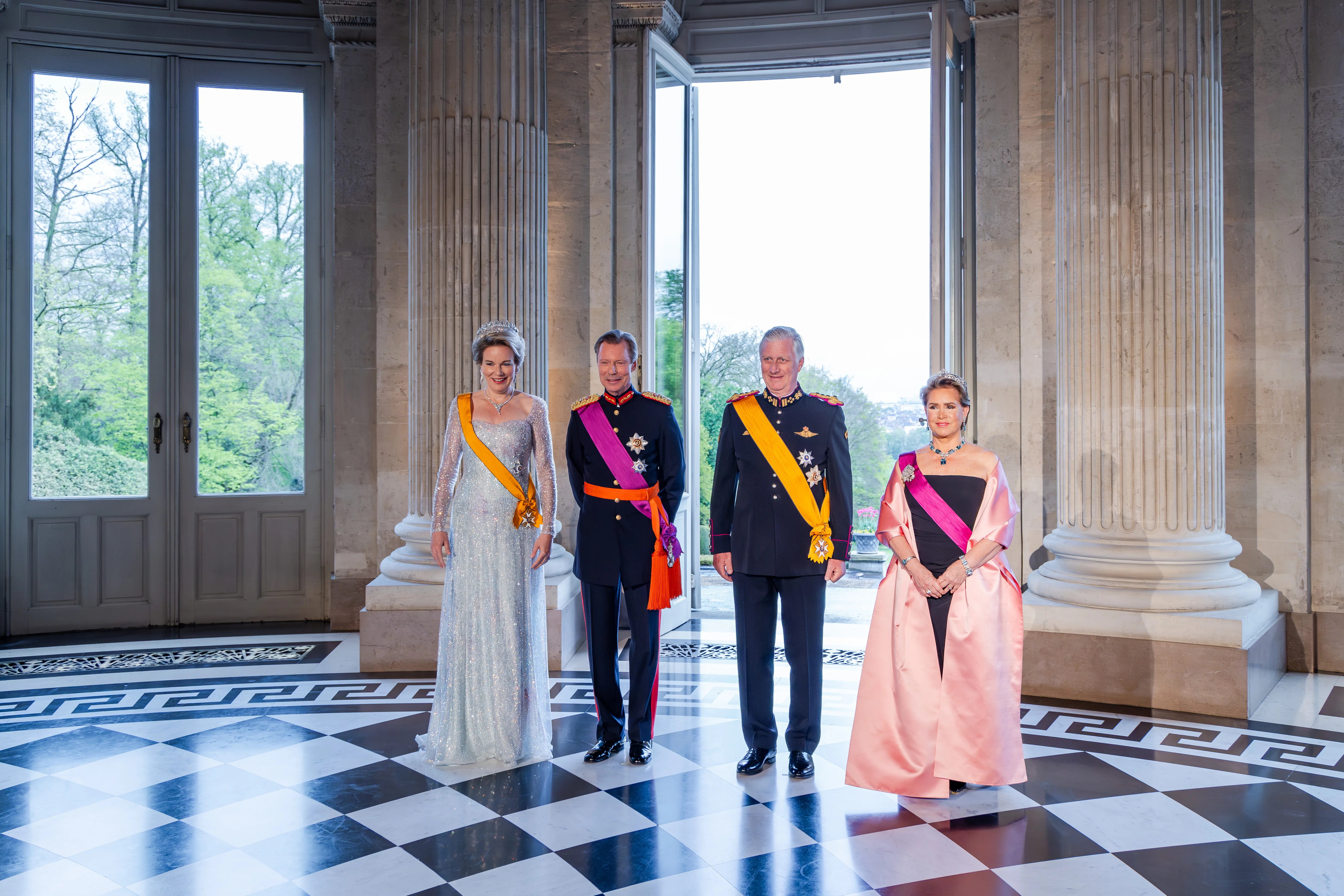 BRUSSELS, BELGIUM - APRIL 16: King Philippe and Queen Mathilde of Belgium arrive with Grand Duke Henri and Grand Duchesse Maria Teresa of Luxembourg for a gala dinner at the Royal Castle of Laeken on April 16, 2024 in Brussels, Belgium. (Photo by Geert Vanden Wijngaert/Getty Images)