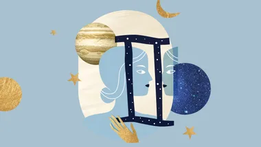 Gemini zodiac symbol with celestial elements on a blue background.