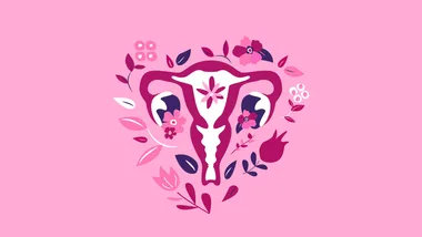 Stylized floral uterus illustration on a pink background.