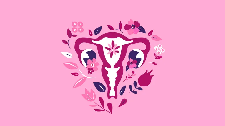 Stylized floral uterus illustration on a pink background.