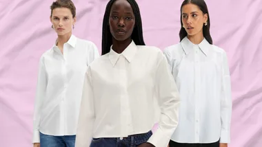 Three women modeling white button-up shirts against a pink background.