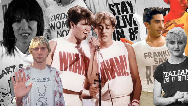 Collage of people in graphic T-shirts featuring band logos and slogans.