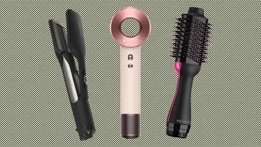 Three hair styling tools on a dotted background: a straightener, a hairdryer, and a round brush dryer.