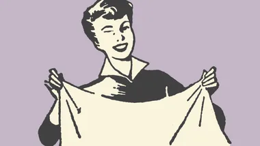 Illustration of a smiling woman holding a large cloth in front, set against a light purple background.