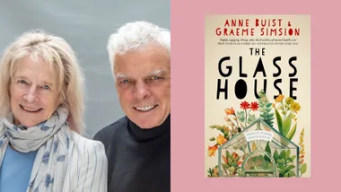 Authors Anne Buist and Graeme Simsion alongside the book cover for "The Glass House."