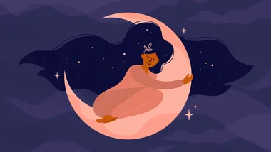 Illustration of a person with long hair hugging a crescent moon, surrounded by stars against a dark sky.