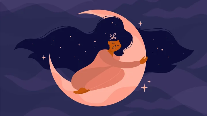 Illustration of a person with long hair hugging a crescent moon, surrounded by stars against a dark sky.