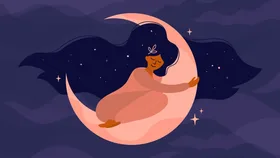 Illustration of a person with long hair hugging a crescent moon, surrounded by stars against a dark sky.