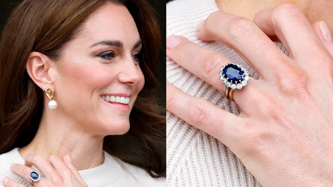 Woman smiling with pearl earring and sapphire ring close-up.