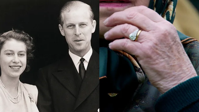 "Black and white photo of a young couple on left; close-up of elderly hand with ring on right."