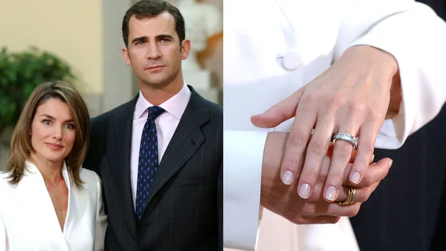 A couple posing together; close-up of a woman's hands with an engagement ring.