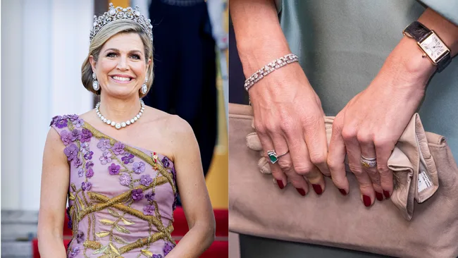 A woman in a floral gown and tiara smiling; close-up of hands holding a beige clutch with jewelry.