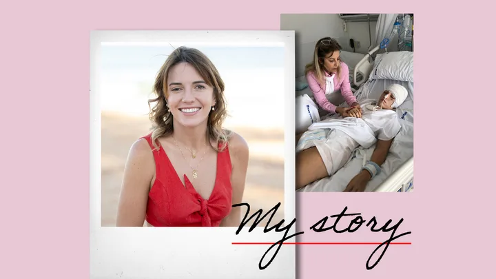 A woman smiles in a red dress; another scene shows her in a hospital bed with a caregiver. Text: "My story."