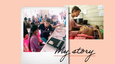 Healthcare worker examining patients at a clinic; includes pregnant woman check-up.